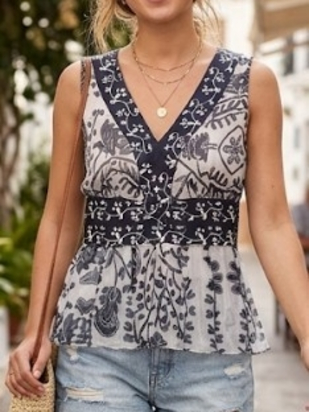 Silk Sleeveless Black and White V-Neck Floral Peplum Top (L) Vintage Sheer Lux
